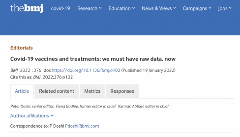 British Medical Journal. Covid-19 vakcīnas un ārstē&scaron;ana: mums ir nekavējoties vajadzīgi neapstrādātie dati